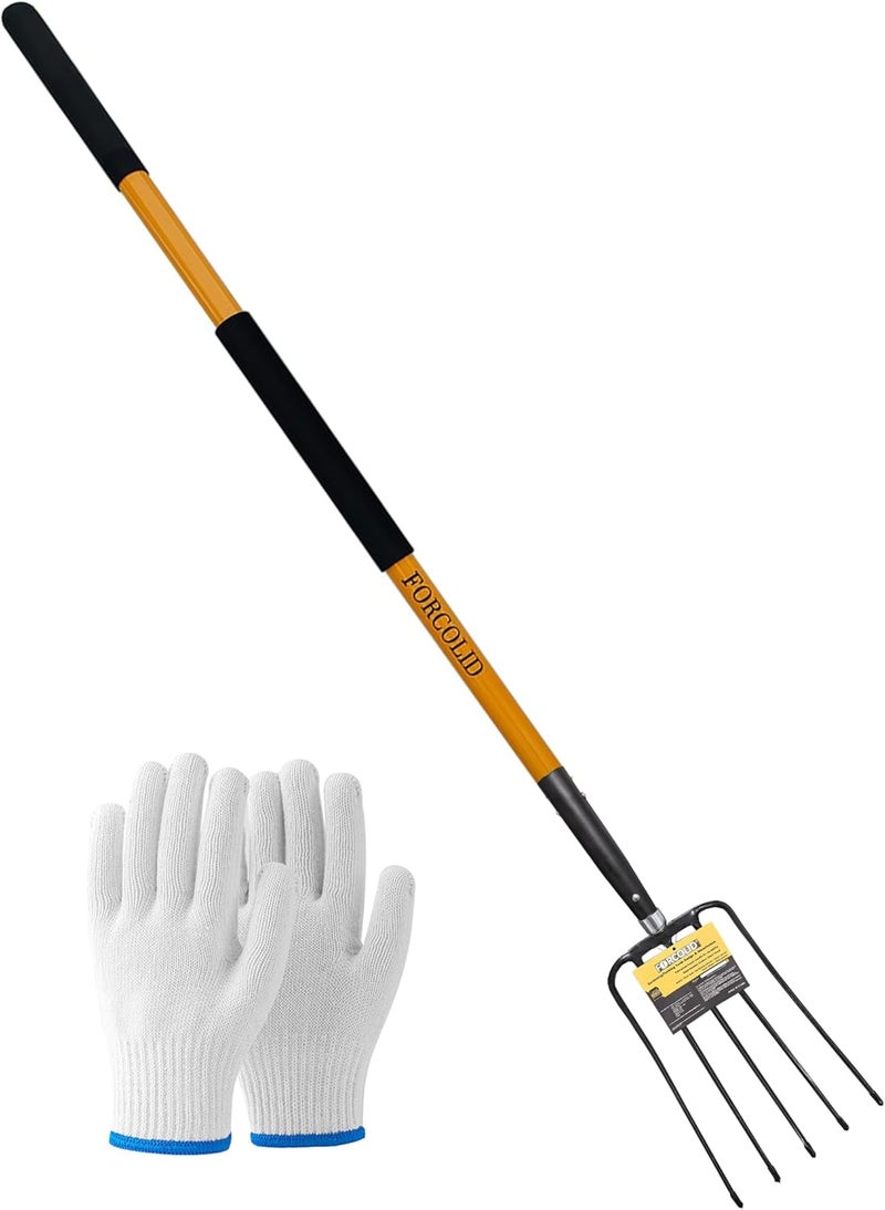 FORCOLID Pitch Fork-58 Inch，5-Tine Steel Garden Fork Heavy Duty, Mulch with Cushion Grip, Orange Fiberglass Handle - Image 1